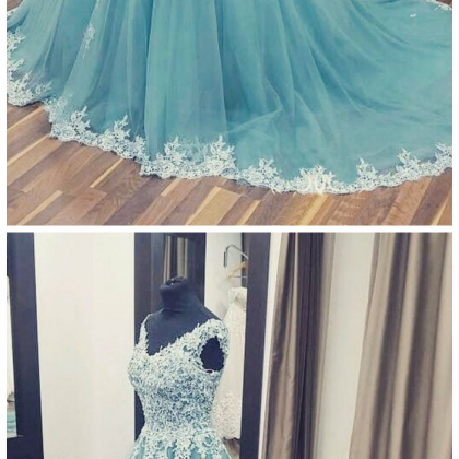 Appliques Tulle Prom Dress, Sexy Sleeveless Prom..