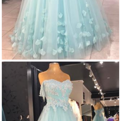 Baby Blue Appliques Prom Dress, Sexy Tulle Prom..