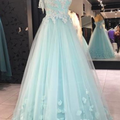 Baby Blue Appliques Prom Dress, Sexy Tulle Prom..