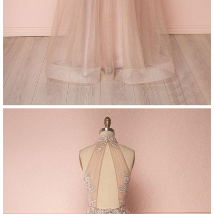 Pink Tulle Long Beaded Open Back Evening Dress,..