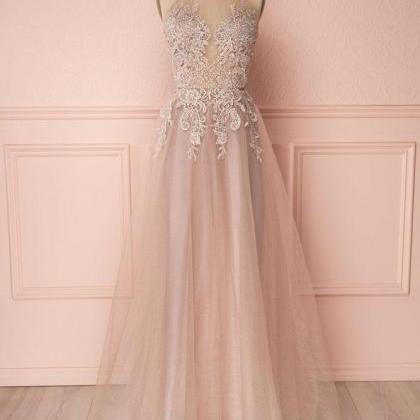 Pink Tulle Long Beaded Open Back Evening Dress,..