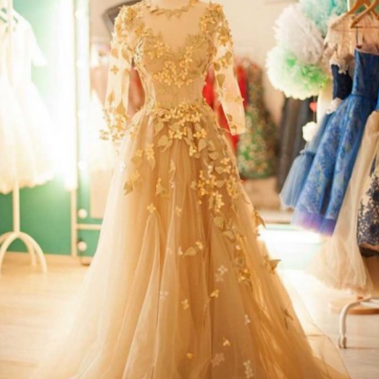 Long Sleeve Gold Long Prom Dresses,long Prom..