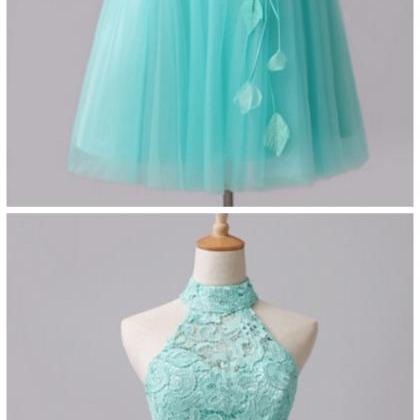 Mint A-line Halter Lace Flowers Short Homecoming..