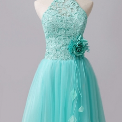 Mint A-line Halter Lace Flowers Short Homecoming..