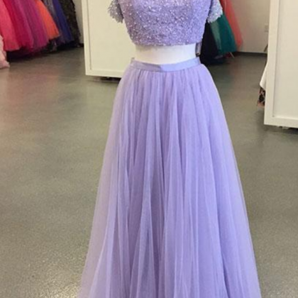 Light Purple Tulle Long Prom Dress,two-piece Lace..