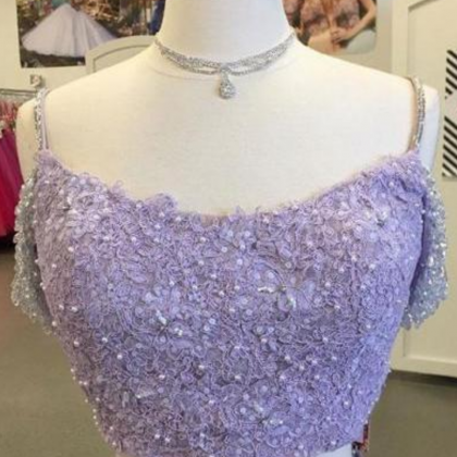 Light Purple Tulle Long Prom Dress,two-piece Lace..