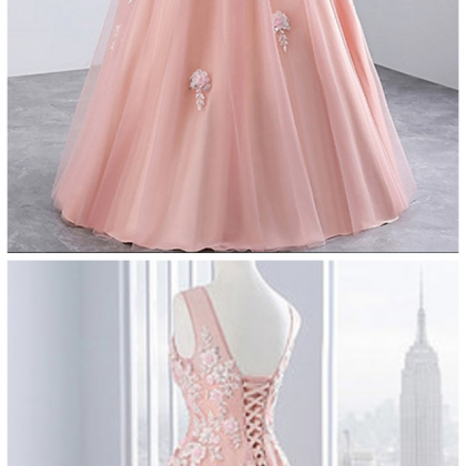 Pink Tulle Prom Dresses,v Neck Evening Dress With..