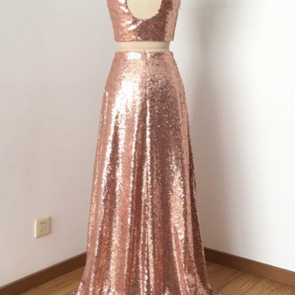 Two Piece Rose Gold Sequin Long Prom Dress