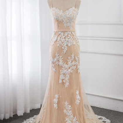 Fashion Lux Spaghetti Champagne Long Prom Dresses..