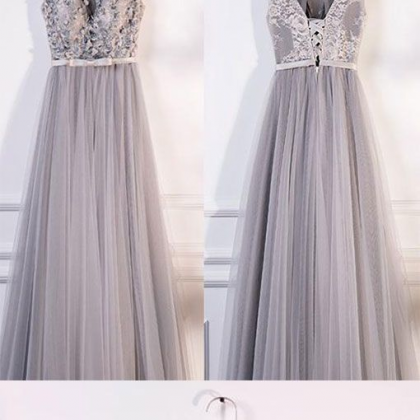 Fashion Lux Gray Round Neck Lace Tulle Long Prom..
