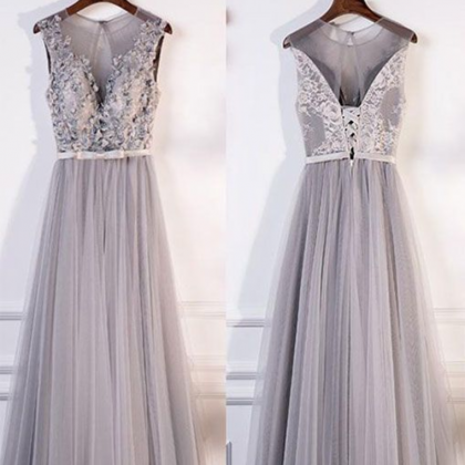 Fashion Lux Gray Round Neck Lace Tulle Long Prom..