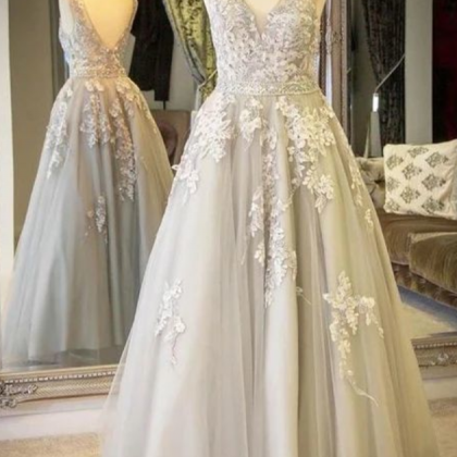 V-neck Lace Appliques Long Light Grey Prom Dress..