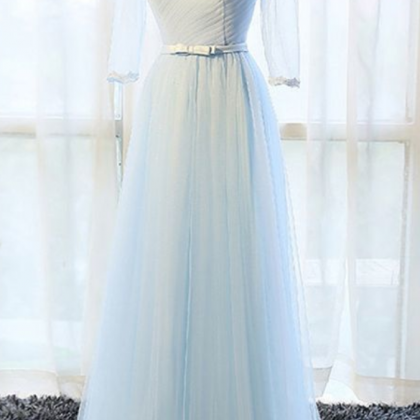 Simple Pure Blue V Neck Long Bowknot Senior Prom..