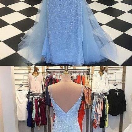 Charming Prom Dress, Tulle Blue Mermaid Prom..