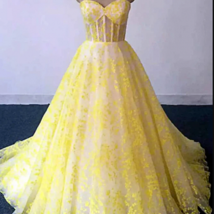 Yellow Lace Sweetheart Long Graduation Dress, A..
