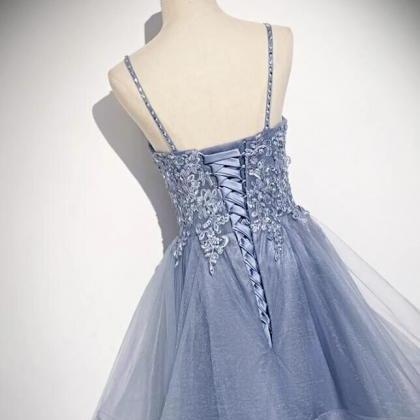 V-neckline Straps Tulle With Lace Applique Party..