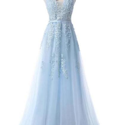 V-neckline Tulle With Lace Applique Long Dress,..