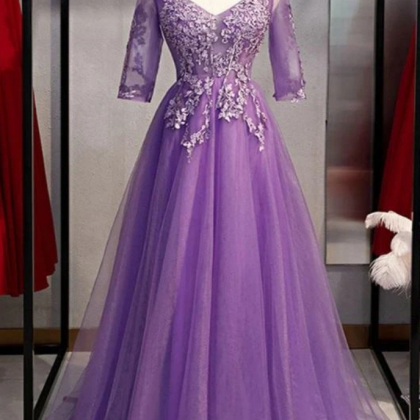 V Neck Tulle Long Party Dress With Sleeves, Prom..