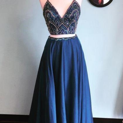 Spaghetti Straps Blue Two Pieces Long Beaded Prom..