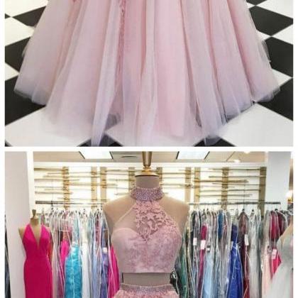 Pink Two Pieces Tulle Lace Applique Long Prom..