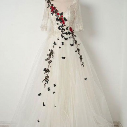 White V Neck Tulle Lace Long Prom Dress, White..