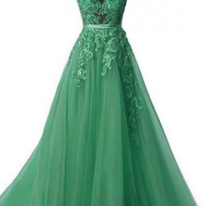 Unique Tulle Lace Applique Green Long Prom Dress,..