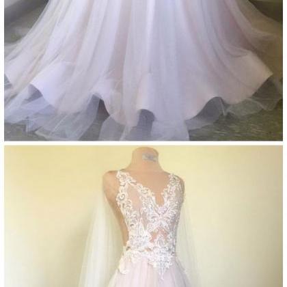 White V Neck Lace Applique Long Prom Dress, White..