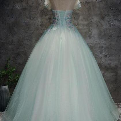 Unique Light Green Tulle Lace Long Prom Dress,..