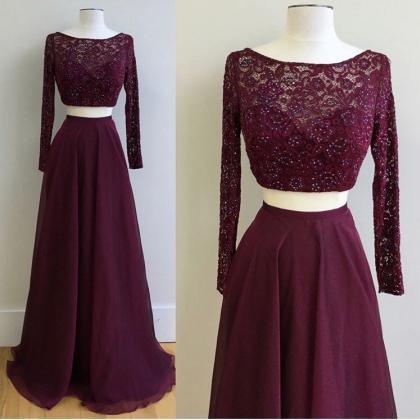 Burgundy Two Piece Lace Chiffon Long Sleeves Prom..