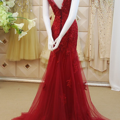 Red Prom Gown,lace Prom Gowns,elegant Evening..