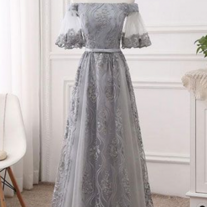 Gray Party Dress, Tulle Lace Pom Dress, Long Prom..