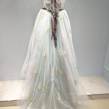 Elegant Long Tulle Scoop Neck Formal Prom Dress,..