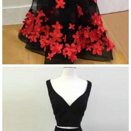 Flower Applique Prom Dresses, Vintage Black V-neck..