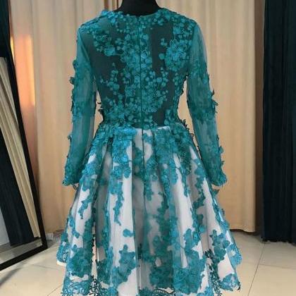Green Long Sleeve Lace Short Prom Dress,a Line..