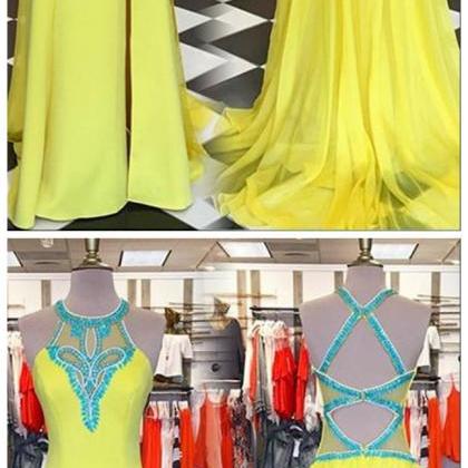 Yellow Sleeves Long Prom Dresses,beading Prom..