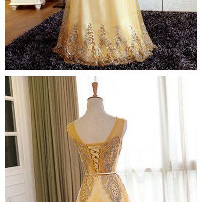 Gold Beading Prom Dress,long Prom Dresses,charming..