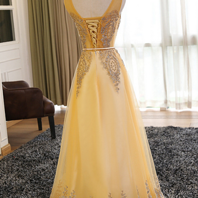 Gold Beading Prom Dress,long Prom Dresses,charming..