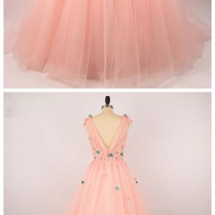 Pink Tulle Long Prom Dress,v Nekc Evening Gowns..