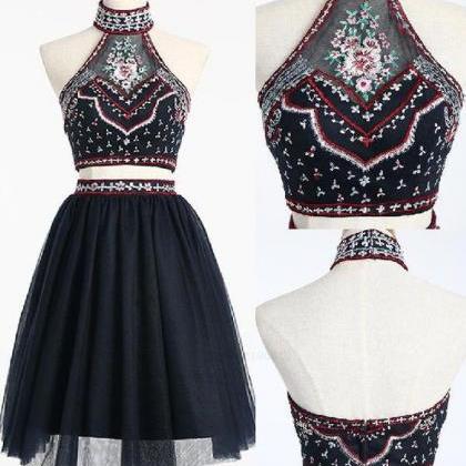 A-line, Black, Two Piece, High Neck Short Prom..