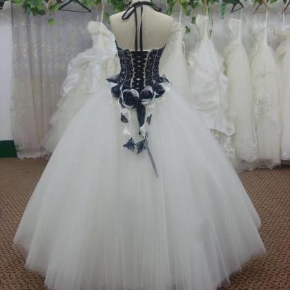Wedding Dresses Strapless Black White Lace Floor..