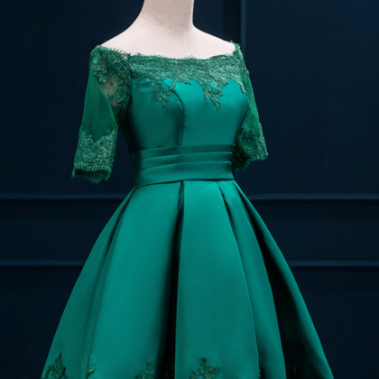 Party Dress,green Satin Applique A-line Vintage..
