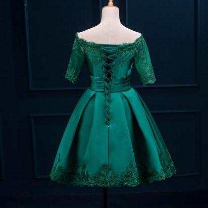 Party Dress,green Satin Applique A-line Vintage..