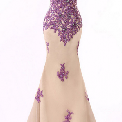 Elegant Prom Dresses With Purple Lace Appliques,..