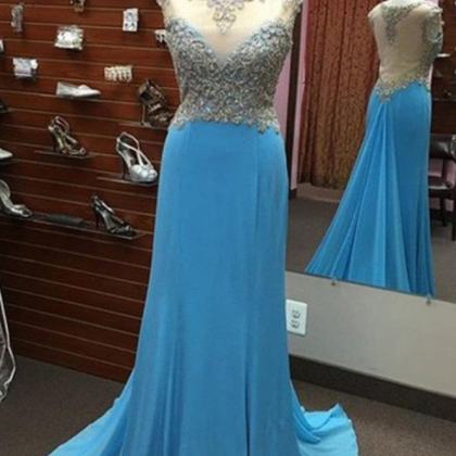 Bright Blue Lace Applique Long Chiffon Prom Dress