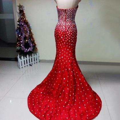 Beaded Red Mermaid Dress Evening Fo..