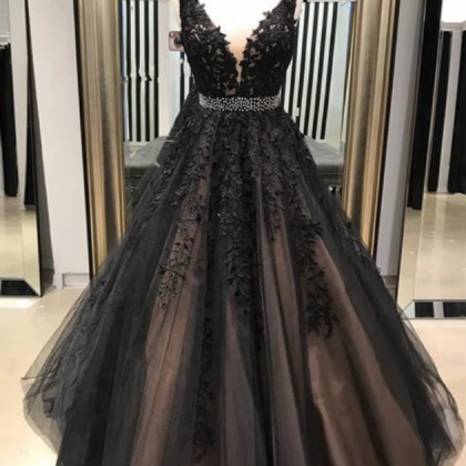 Black A Line Prom Dress With Lace, Sweet 16..