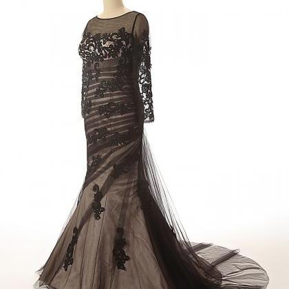 Black Tulle Half Sleeve Mermaid Evening Gowns,..