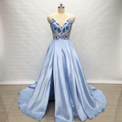 2019 Fashion Light Blue Side Split Evening Dresses..