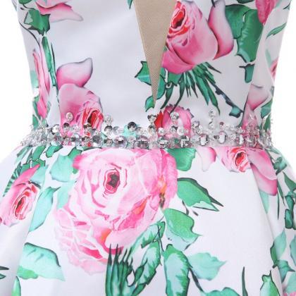 Custom Made Floral Print V-neck Homecoming Dress..
