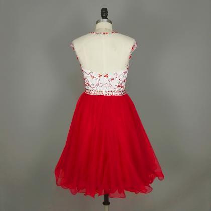Sexy Short Red Beaded Short Prom Dresses,front..